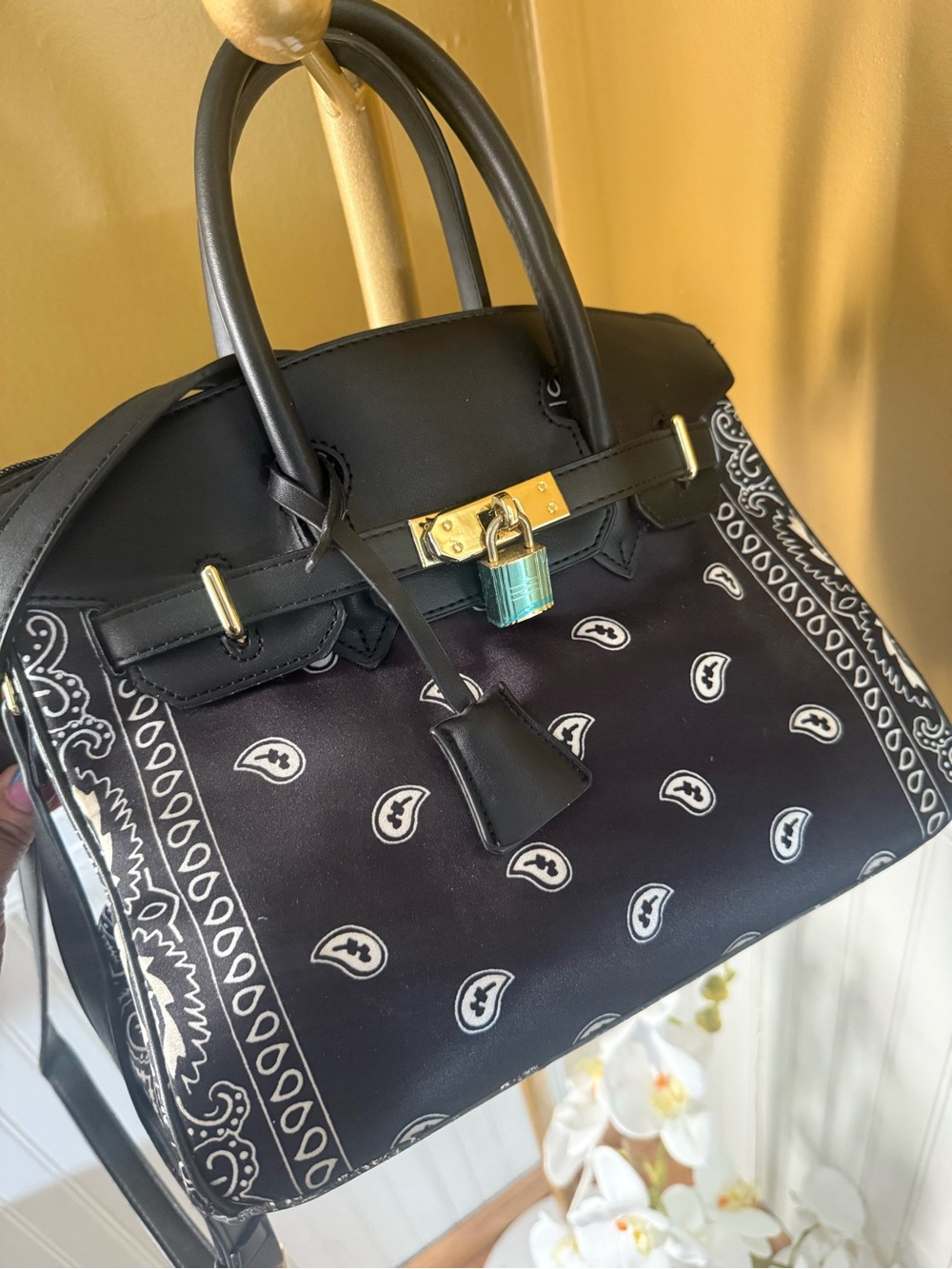 Black Bandana-Print Satchel with Gold Hardware - Picture 3 of 3